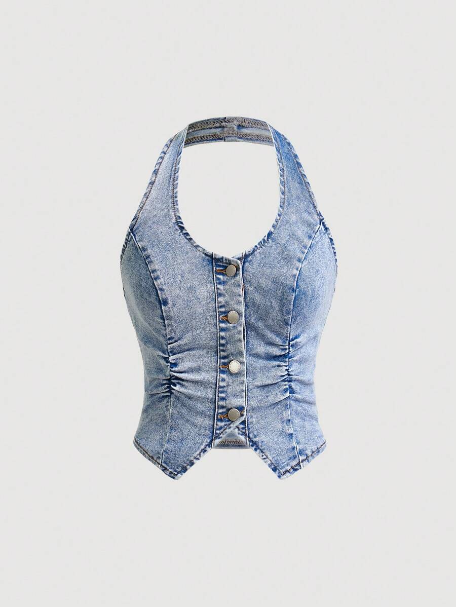Top corto de mezclilla ajustado con elástico azul Y2K, cuello halter, sin espalda y con tirantes finos ICON