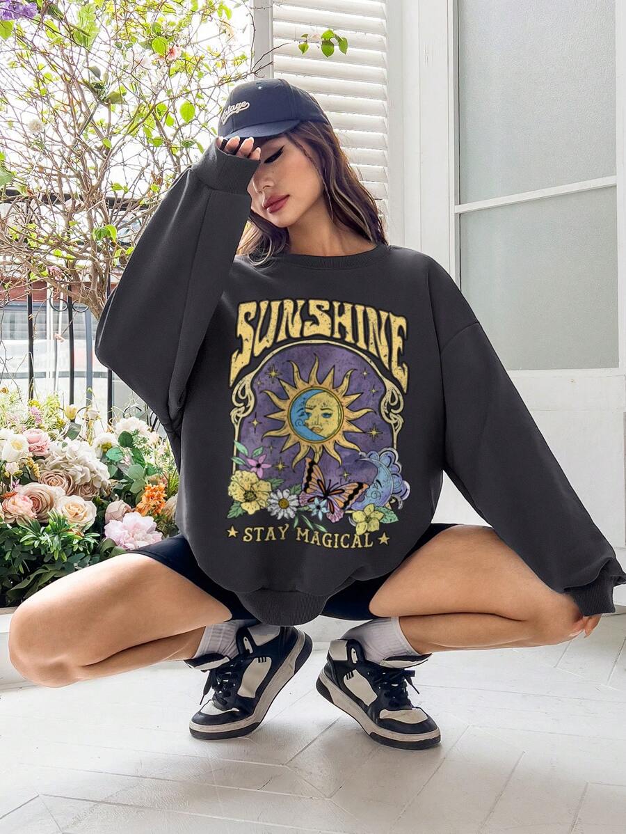 Sudadera EZwear informal con estampado de sol y mariposas, cuello redondo, corte holgado, para mujer, otoño-invierno, manga larga