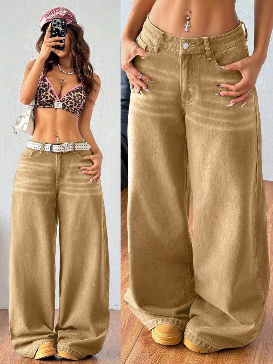 Coolane - Vaqueros casuales y versátiles para mujer con bolsillos, pantalones anchos y holgados, conjuntos de verano para mujer, color caqui