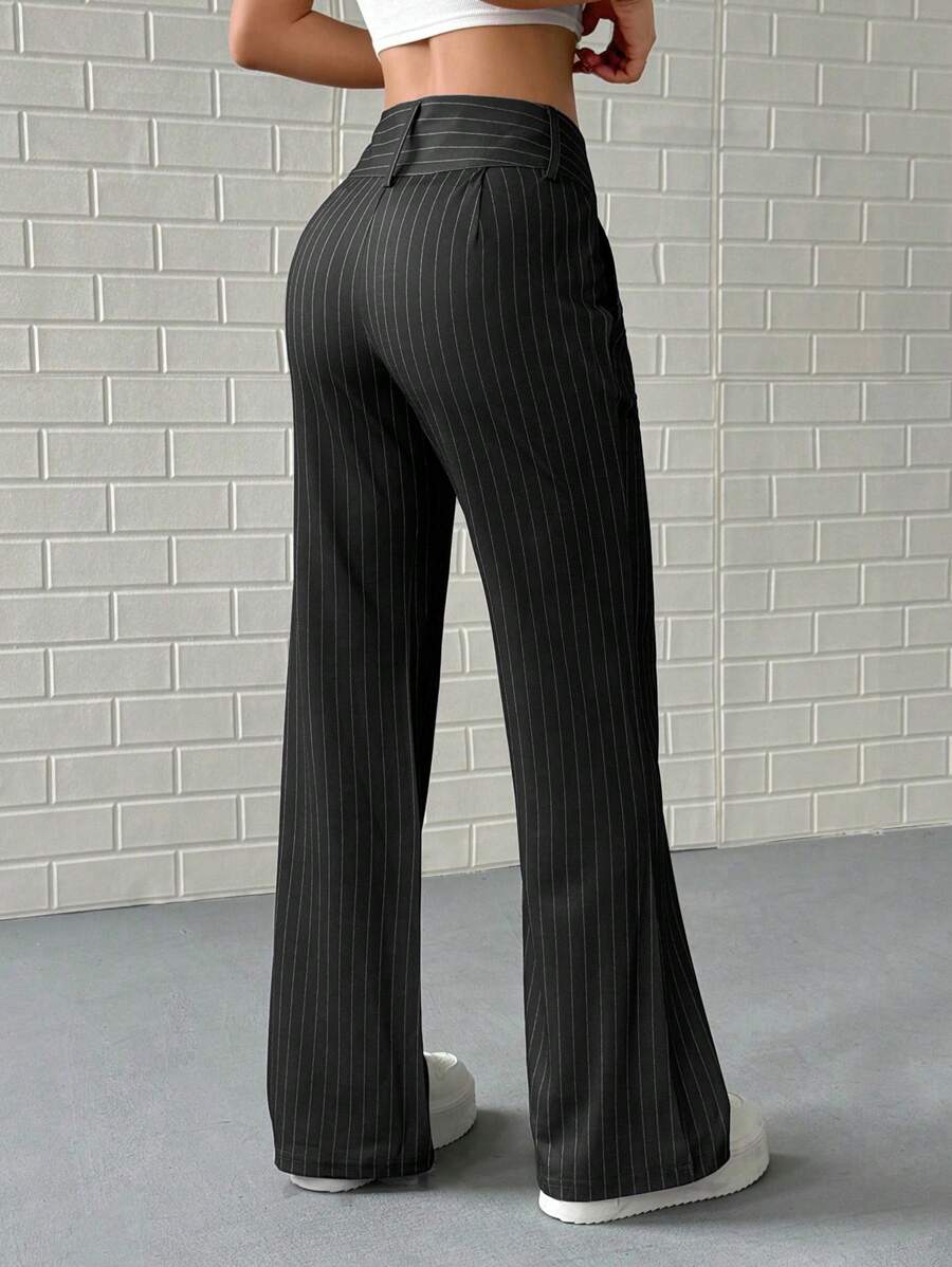 Pantalón de traje a rayas de cintura baja para mujer, elástico, con bolsillos laterales, para primavera y otoño.