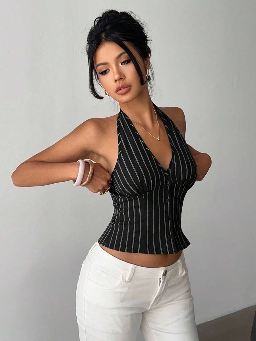 Blazer fino Aloruh de algodón a rayas con cuello alto y botonadura sencilla para mujer