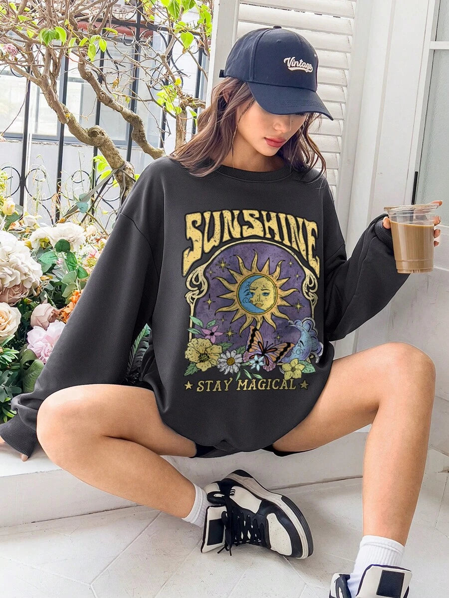 Sudadera EZwear informal con estampado de sol y mariposas, cuello redondo, corte holgado, para mujer, otoño-invierno, manga larga
