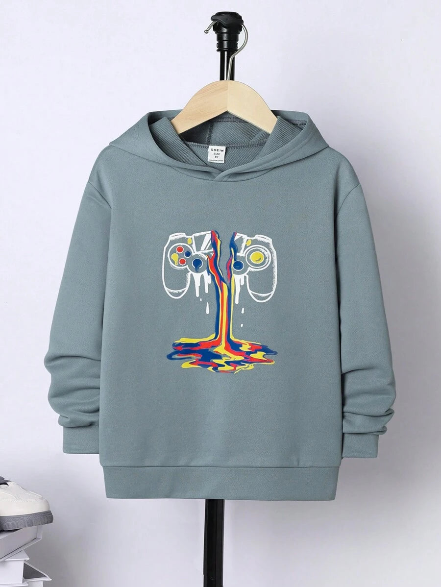 Sudadera con capucha y hombros caídos con estampado de gamepad para niño preadolescente