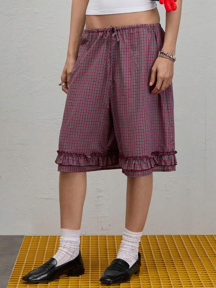 COUREZ Check Frill Bermuda Shorts Summer Outfits For Women Summer Dresses Going Out Outfits Casual Y2K Vacation Holiday 100%Cotton 100%Cotton Vintage