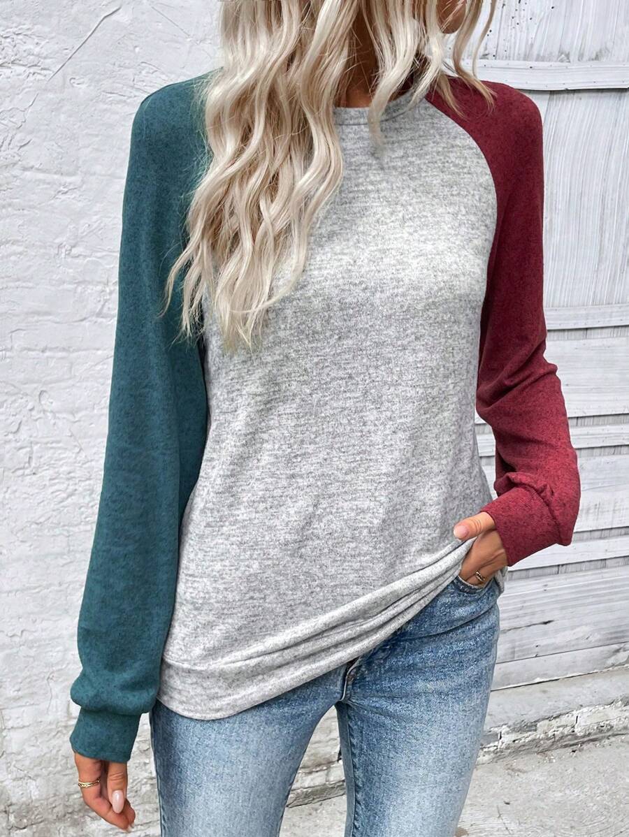 Sudadera de manga raglán con bloques de color de Emery Rose, camisetas de manga larga para graduación, atuendos para la vuelta al cole, trajes de profesora para mujer, ropa para la vuelta al cole.
