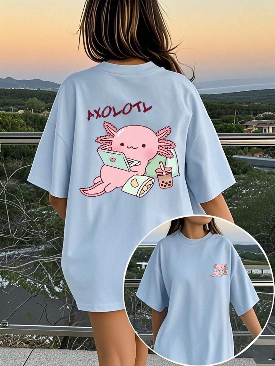 1 camiseta de manga corta con estampado de dibujos animados para niñas preadolescentes, cómoda y moderna para estudiantes y señoritas.