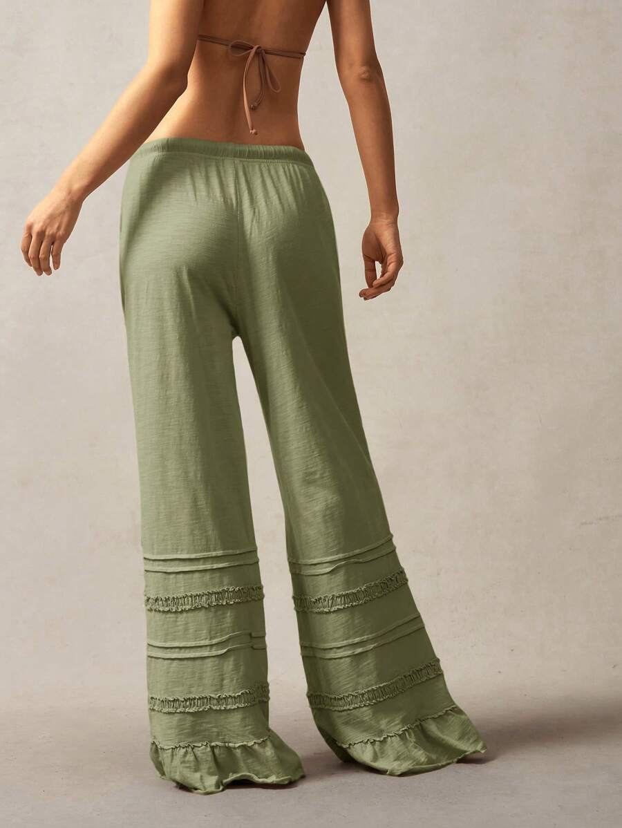 Pantalones de punto acampanados de cintura alta de color liso estilo bohemio Bohemela, primavera-verano
