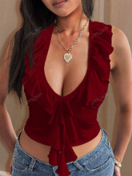 Blusa de verano de color liso con cuello halter, espalda descubierta y dobladillo con volantes