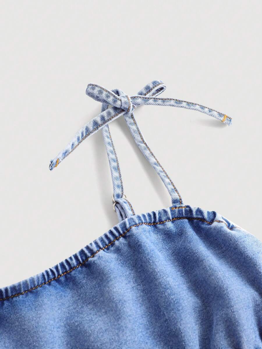 Mono vaquero holgado con tirantes finos y fruncido en los hombros para niñas preadolescentes de Girlism, ropa de verano para vacaciones.