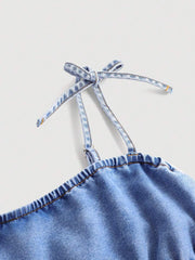 Mono vaquero holgado con tirantes finos y fruncido en los hombros para niñas preadolescentes de Girlism, ropa de verano para vacaciones.