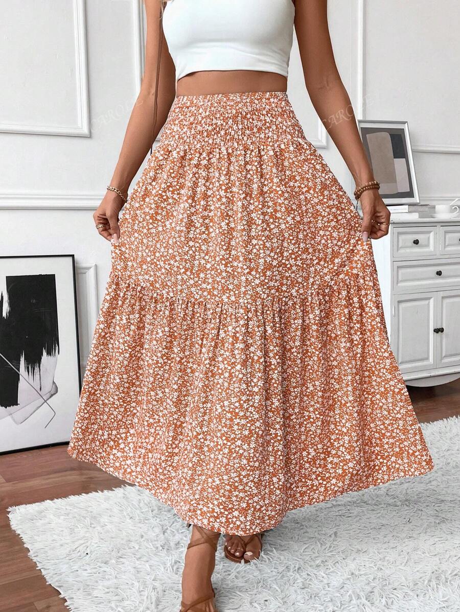 Falda larga informal con estampado floral diminuto para mujer, cintura elástica, bolsillos y bajo con volantes, corte A para verano