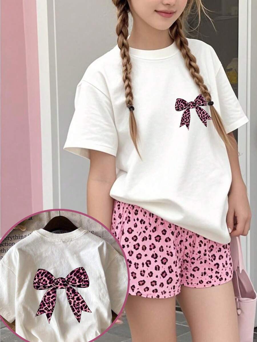 Camiseta de manga corta extragrande con estampado de leopardo y lazo para niña preadolescente, cómoda y moderna para el verano.