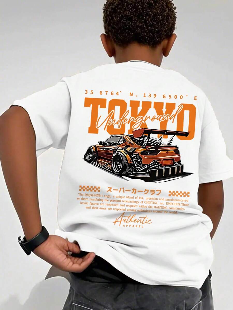 Camiseta de manga corta con estampado de coche, ideal para preadolescentes y estudiantes de verano.