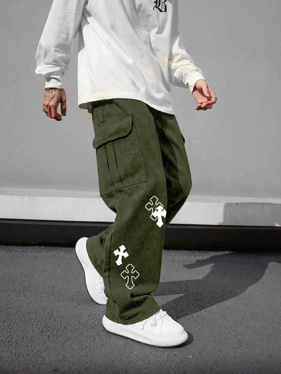 Pantalón cargo multibolsillos para hombre, corte holgado con estampado cruzado, ideal para playa, informal, deportes, actividades al aire libre, jogging, corte recto y holgado, ideal para cualquier temporada, estilo urbano, regalo para novio o esposo.