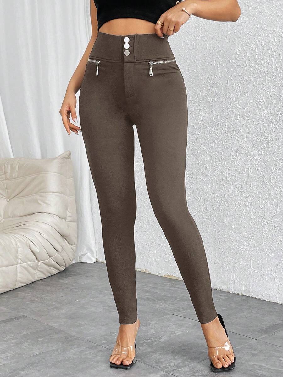 Pantalones casuales ajustados de cintura alta con cremallera y botones frontales de color liso para mujer de Firerie