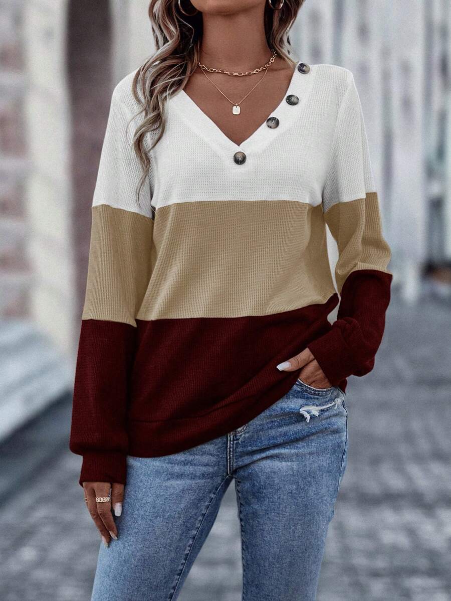 Sudadera EMERY ROSE con botones y bloques de color. Camiseta de manga larga para graduación y regreso a clases. Conjuntos para maestras.