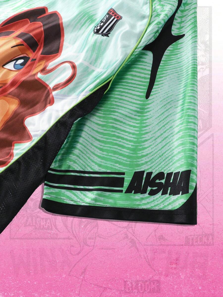 ROMWE MEN Winx Club X ROMWE - Camiseta deportiva de manga corta con diseño de anime y bloques de color, malla y gráfico, para hombre