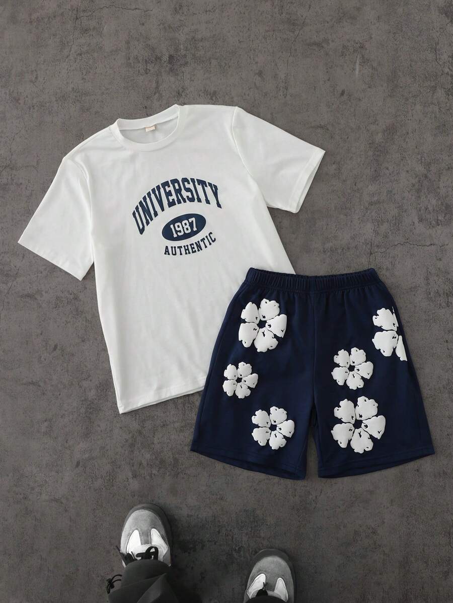 Conjunto informal de 2 piezas para niño: camiseta holgada de manga corta con estampado de letras y pantalones cortos deportivos holgados con estampado de arce, verano