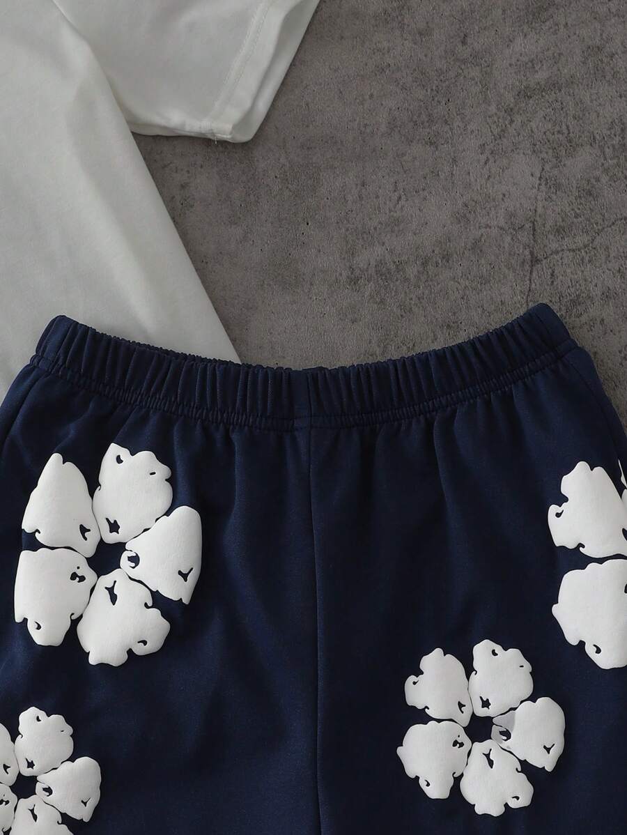 Conjunto informal de 2 piezas para niño: camiseta holgada de manga corta con estampado de letras y pantalones cortos deportivos holgados con estampado de arce, verano
