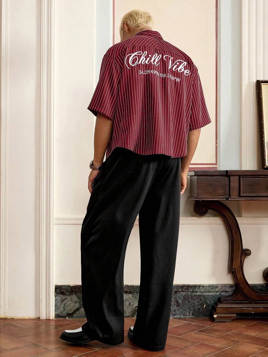 SWAVVY - Pantalones cortos casuales de rayas rojas y blancas de talla estándar para hombre, con camisa bordada holgada, para la escuela
