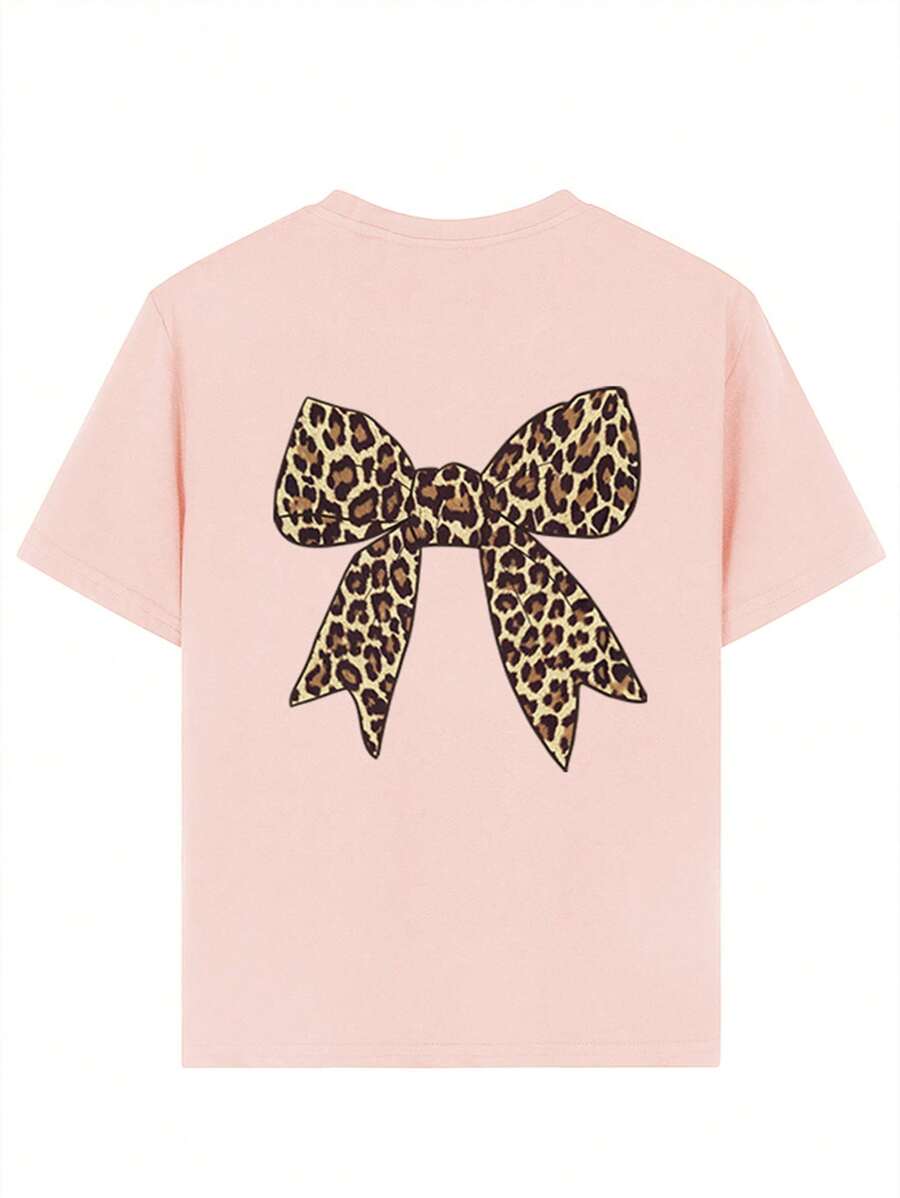 Camiseta de manga corta extragrande con estampado de leopardo y lazo para niña preadolescente, cómoda y moderna para el verano.