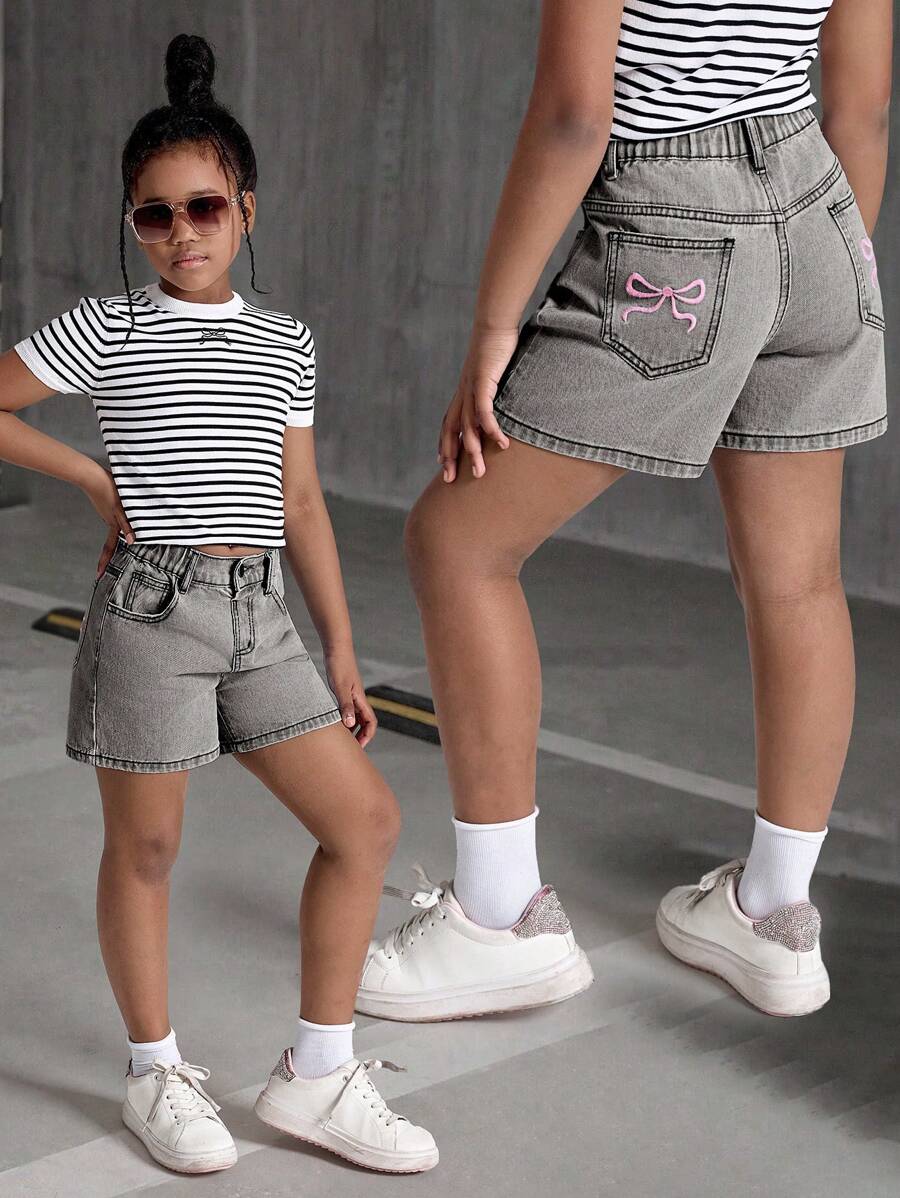 Shorts vaqueros minimalistas informales para niñas preadolescentes, uso diario