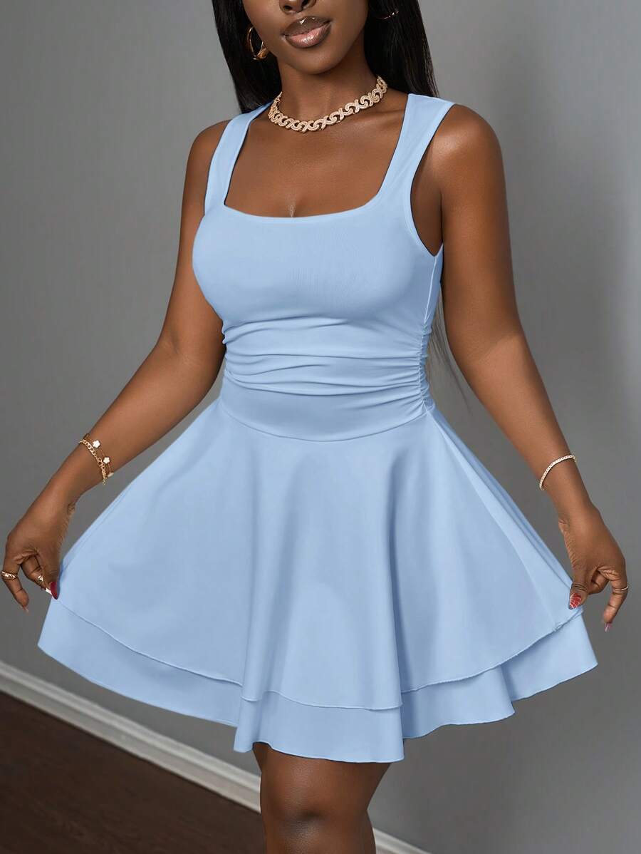 Vestido corto Slaydiva de verano para mujer, informal, básico, deportivo, dulce, con escote cuadrado fruncido y doble capa, corte A