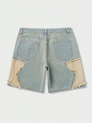ROMWE MEN Street Life - Pantalones cortos vaqueros casuales versátiles con bolsillo y flecos de estrella de cinco puntas para hombre