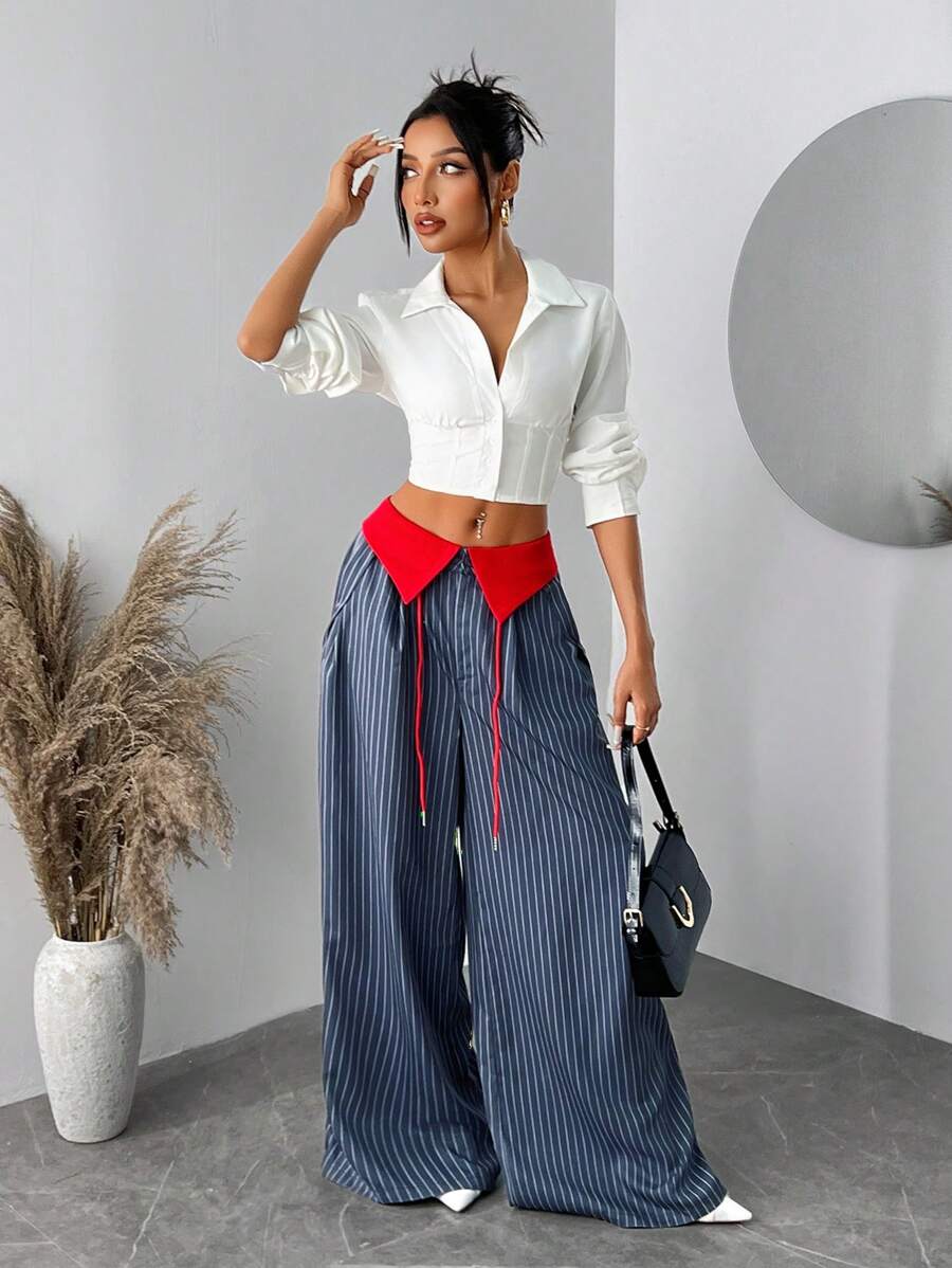 Pantalones anchos y holgados con rayas de colores contrastantes para mujer SXY