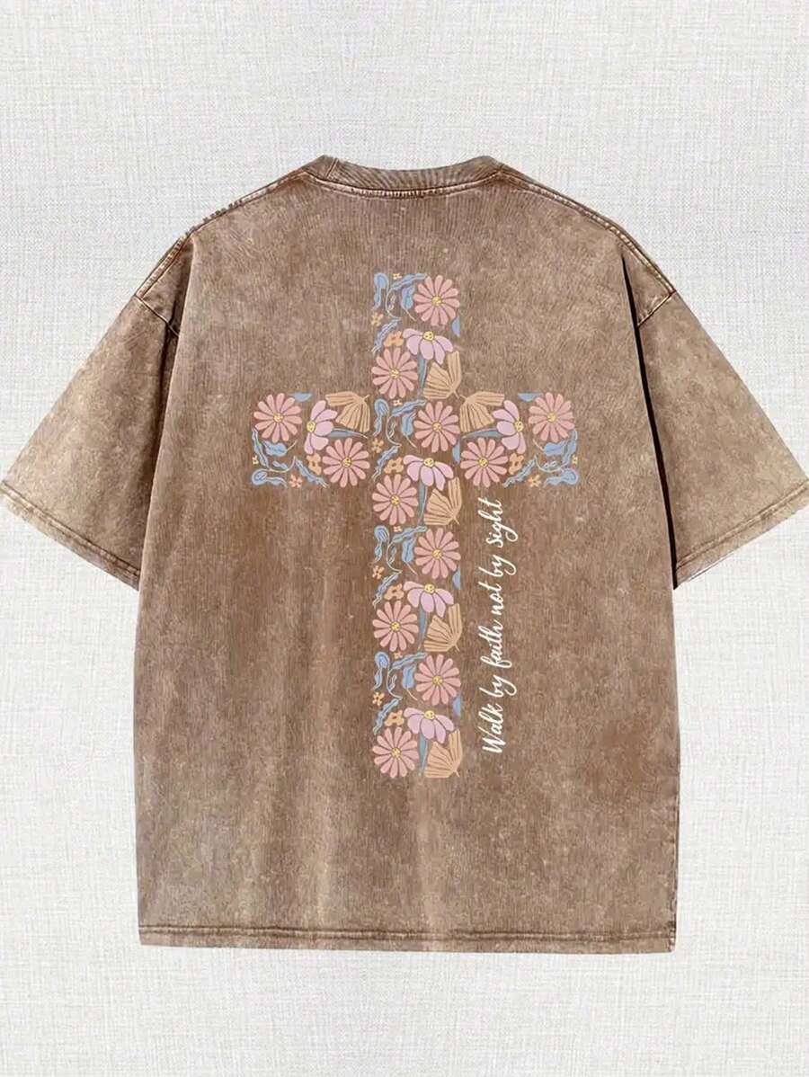Camiseta batik de algodón de alta calidad de 230 gramos con estampado a doble cara, cuello redondo y manga corta. Camina con confianza, no mires. Jesús, Dios, creencias religiosas, cruz. Camisetas para hombre, deportes al aire libre, ocio urbano.