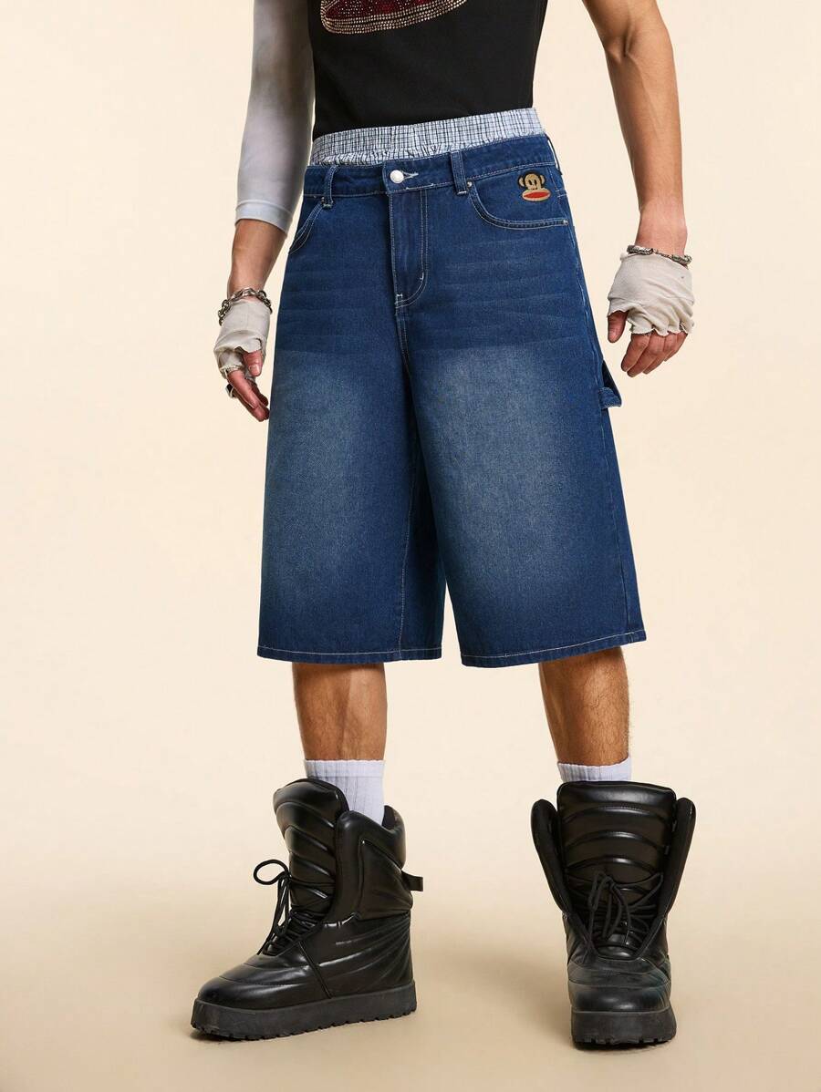 Pantalones cortos vaqueros holgados informales con múltiples bolsillos y bordados para hombre de Paul Frank