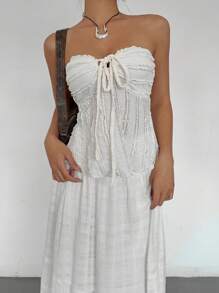 Siren Gaze - Top texturizado con volantes, lazo frontal y hombros descubiertos de color liso para mujer, atuendo para concierto, atuendos para rave, atuendo para festival, atuendo para concierto country, verano