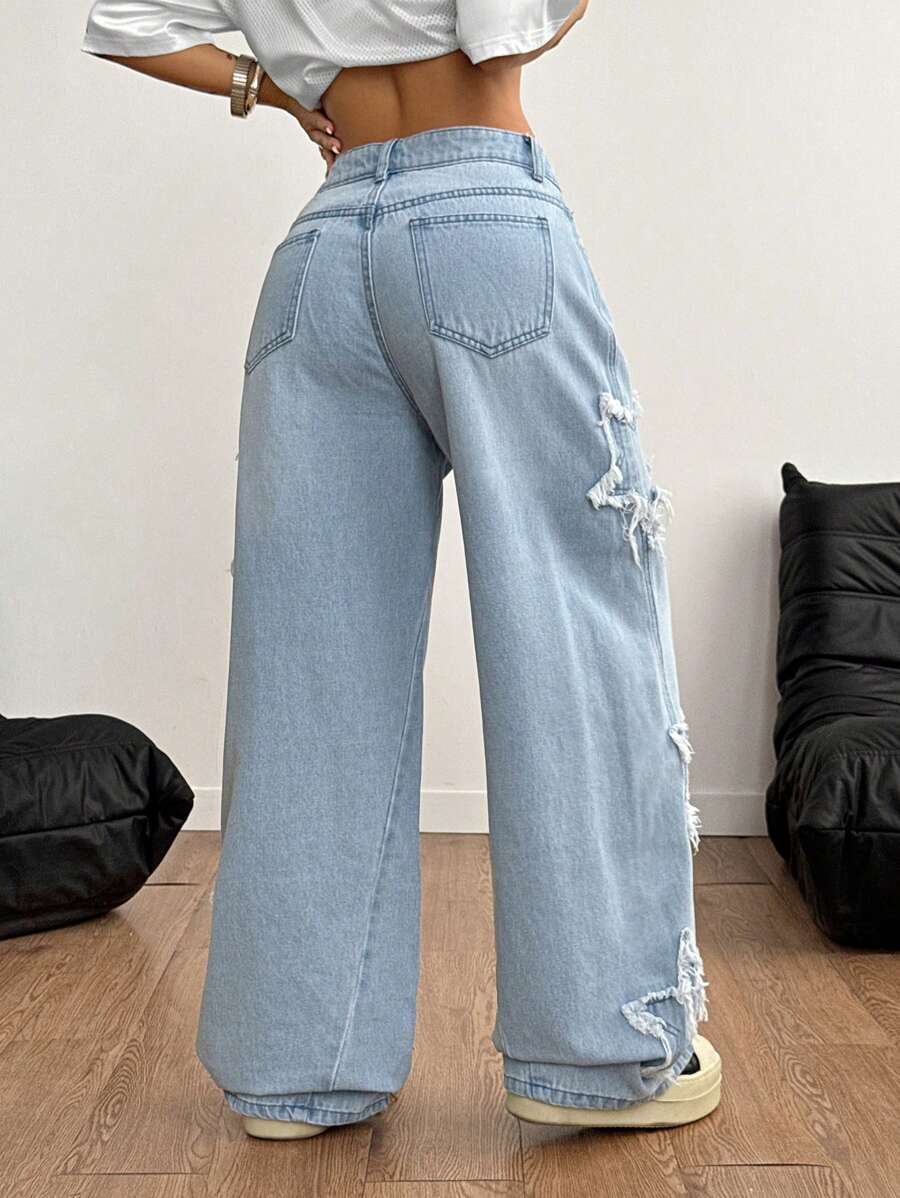 Vaqueros lavados Coolane para mujer, estilo rapero, estilo deportivo, estilo grunge con estampado de estrellas