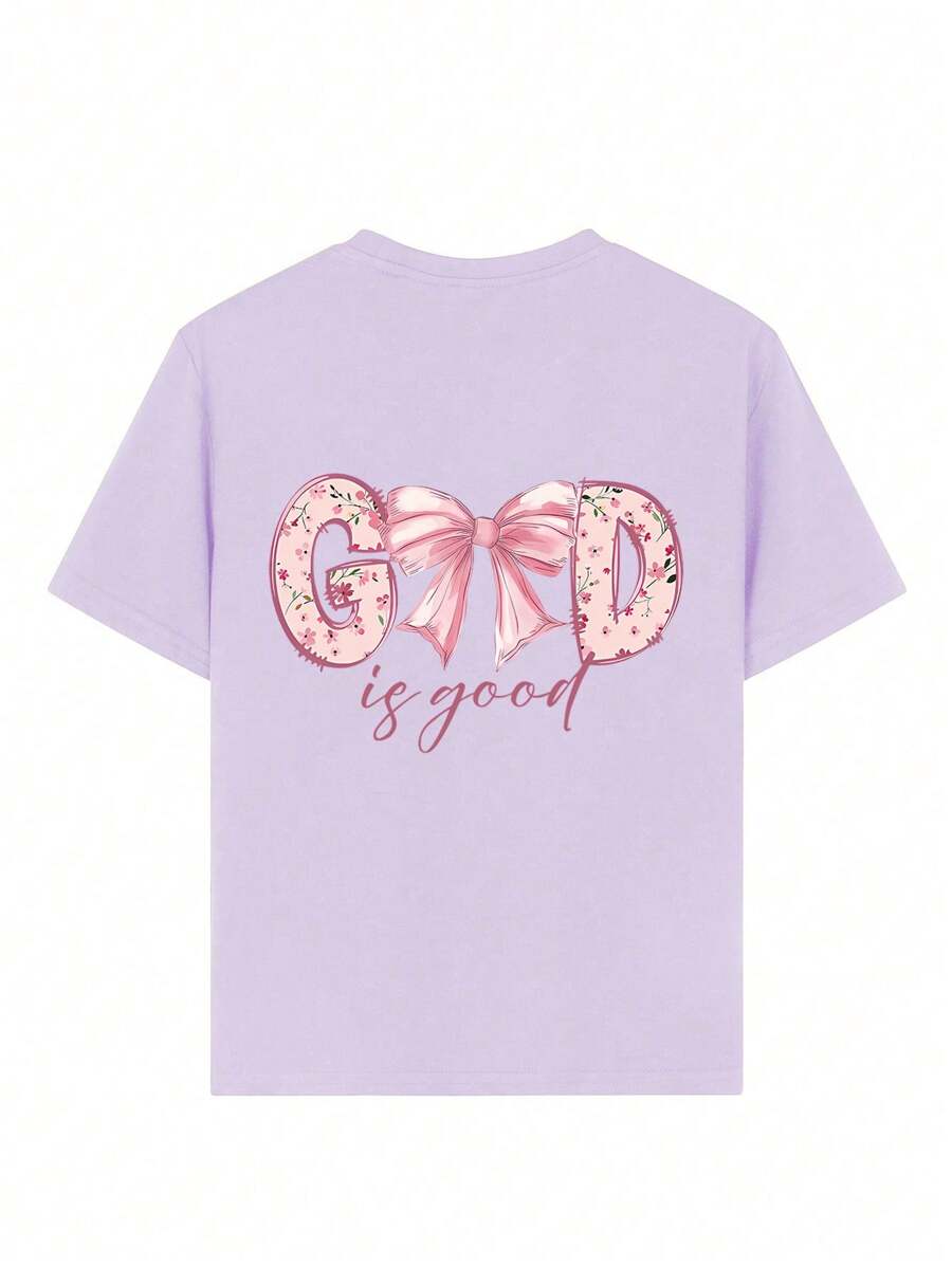 Camiseta informal de manga corta con cuello redondo y estampado divertido para niñas preadolescentes, top de verano