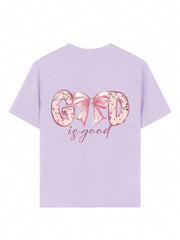 Camiseta informal de manga corta con cuello redondo y estampado divertido para niñas preadolescentes, top de verano