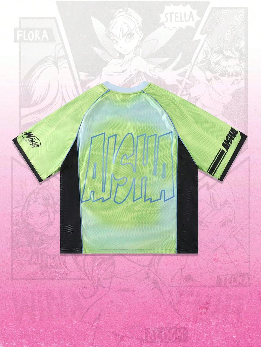 ROMWE MEN Winx Club X ROMWE - Camiseta deportiva de manga corta con diseño de anime y bloques de color, malla y gráfico, para hombre