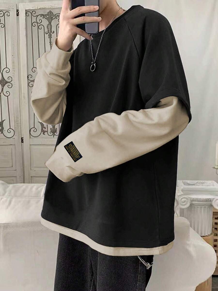 Sudadera informal 2 en 1 de manga raglán larga con parches de letras y bloques de color para hombre de Manfinity Hypemode, para salir