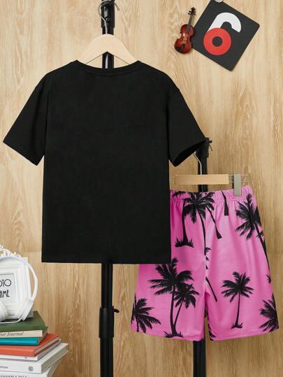 Camiseta y pantalones cortos playeros con estampado de cocoteros para niños preadolescentes