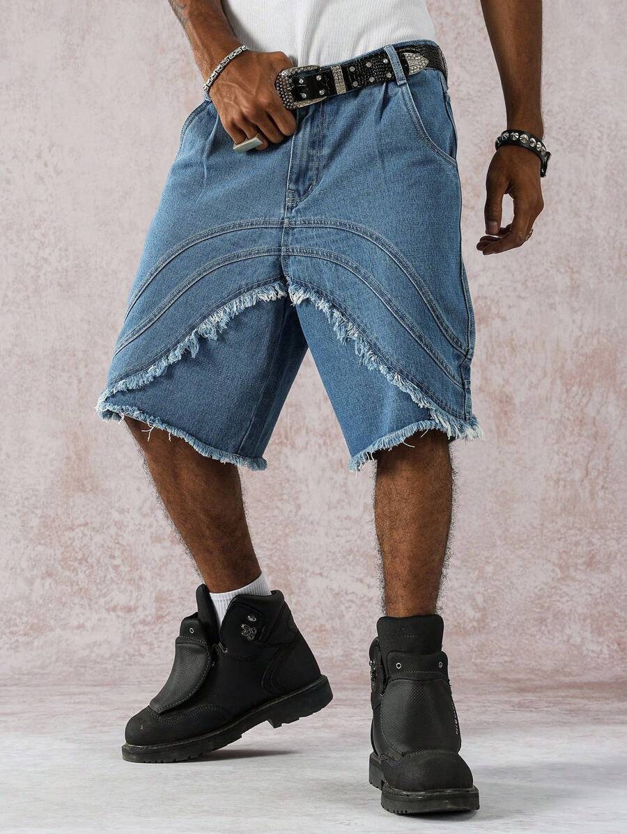 Pantalones cortos vaqueros casuales Manfinity EMRG para hombre, holgados, con bolsillos y dobladillo deshilachado