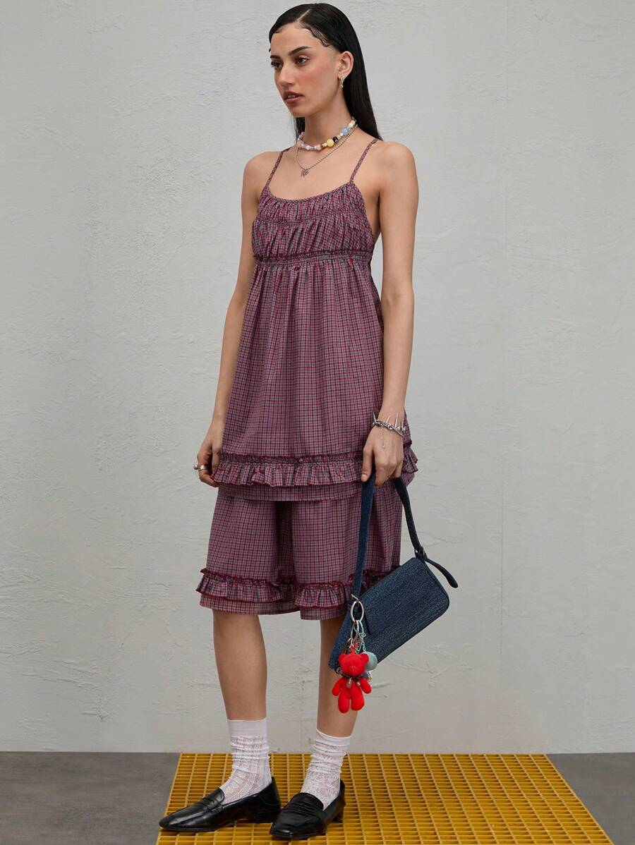 COUREZ Check Frill Bermuda Shorts Summer Outfits For Women Summer Dresses Going Out Outfits Casual Y2K Vacation Holiday 100%Cotton 100%Cotton Vintage
