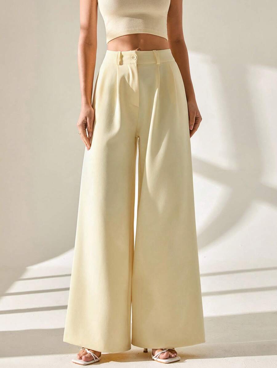 Pantalones de traje elegantes de pierna ancha plisados amarillo mantequilla para mujer CLARA VERO