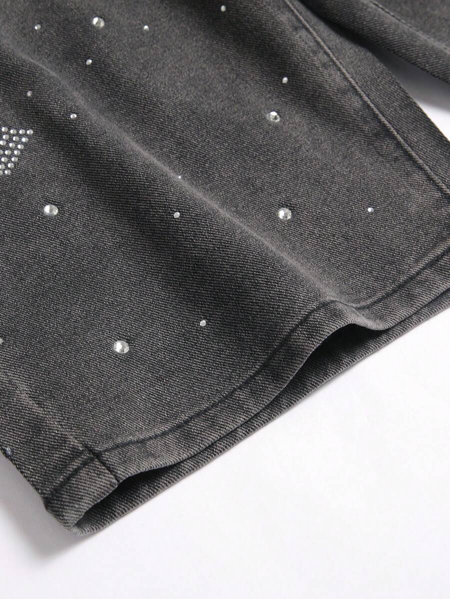 Pantalones cortos vaqueros casuales de verano para hombre con bolsillos oblicuos y decoración de diamantes de imitación