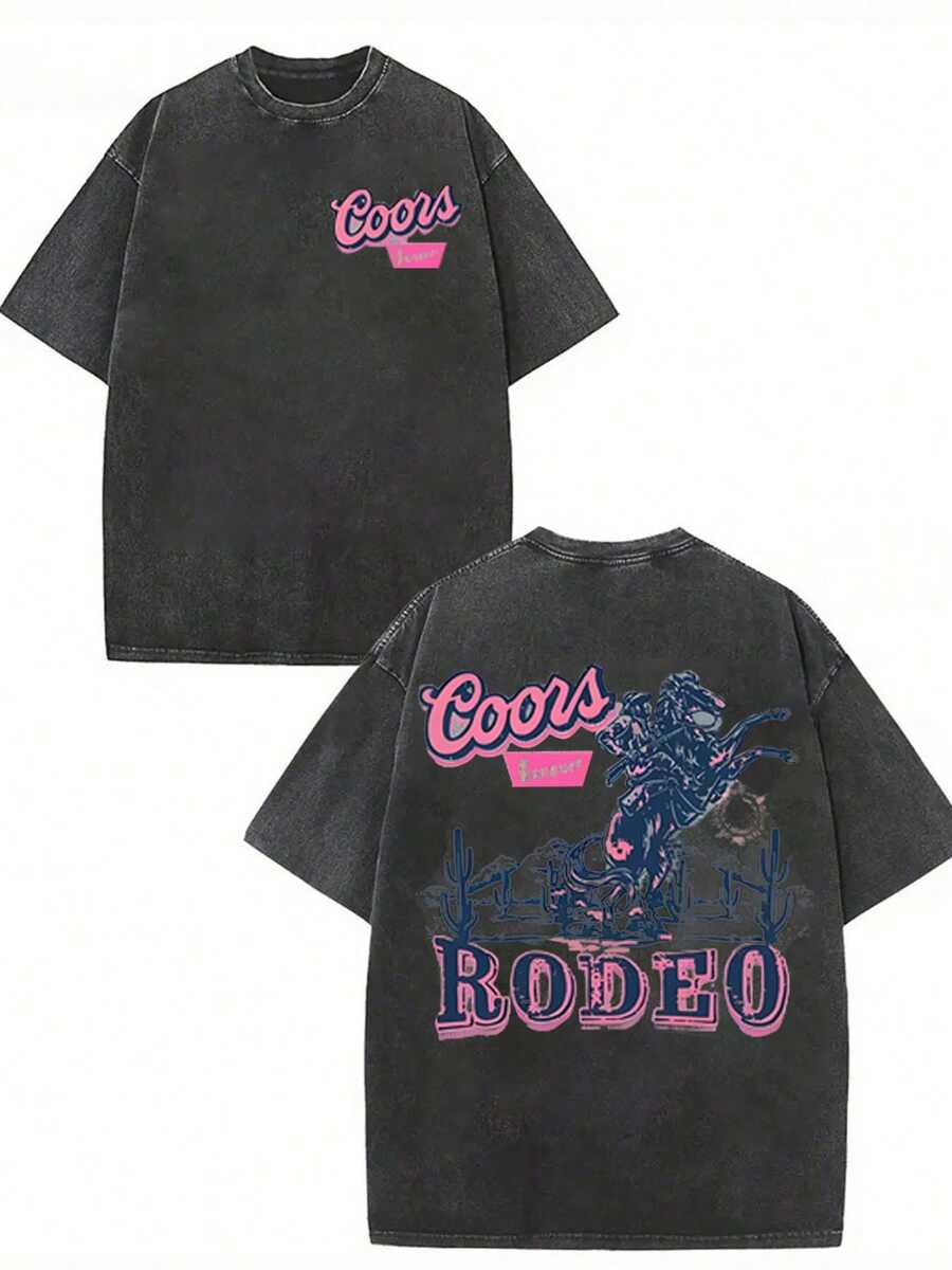 Rodeo. Convertirse en un vaquero del oeste es algo de lo que enorgullecerse. Esta moderna camiseta de algodón lavado de 230 g con estampado de vaquero del oeste es una pieza única, hecha de algodón estampado de alta calidad para hombre en verano. Es AR.