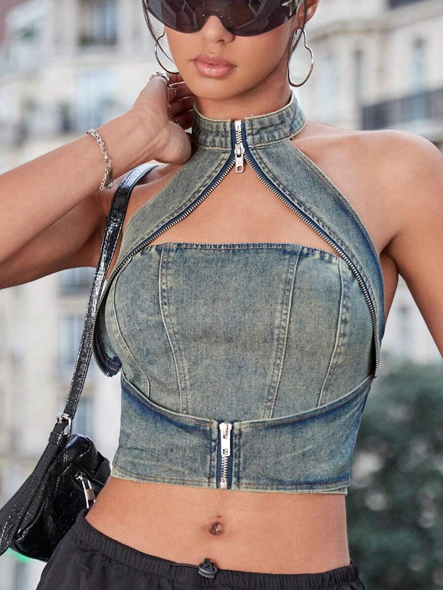 Top vaquero sin espalda y cuello halter con cremallera ICON, ropa Y2K para mujer