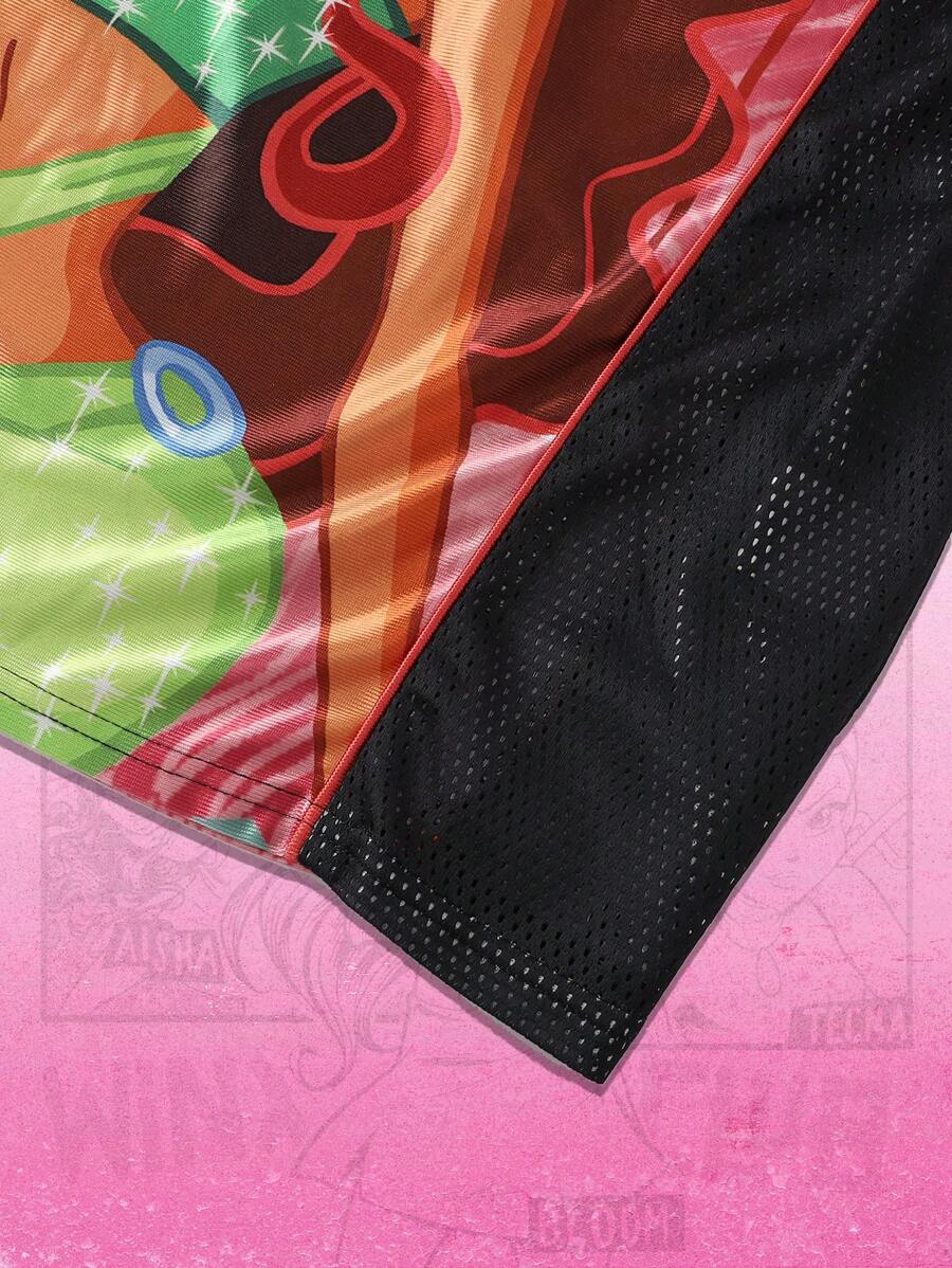 ROMWE MEN Winx Club X ROMWE - Camiseta deportiva de manga corta con diseño de anime y bloques de color, malla y gráfico, para hombre