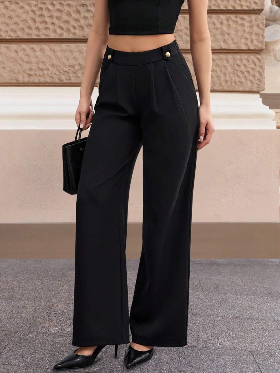 Pantalones EURMUSE de pierna ancha con diseño detallado de botones de color liso para mujer