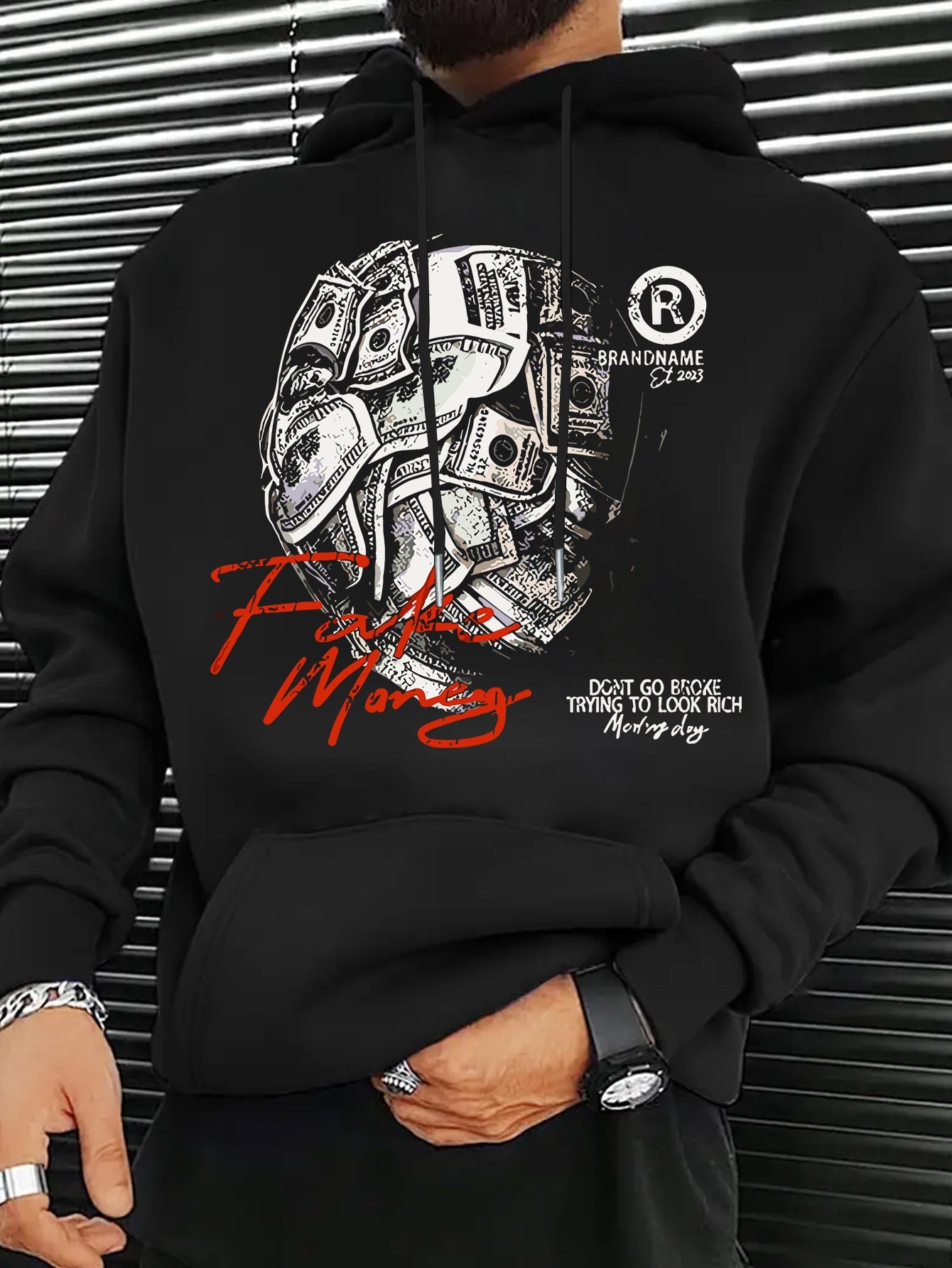 Sudadera con capucha y bolsillo con estampado de letras para hombre, informal, de manga larga y cordón, para otoño e invierno.