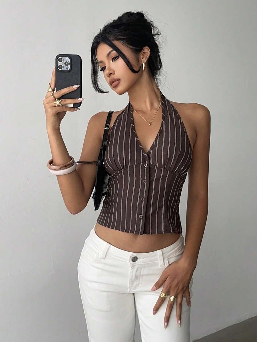 Blazer fino Aloruh de algodón a rayas con cuello alto y botonadura sencilla para mujer