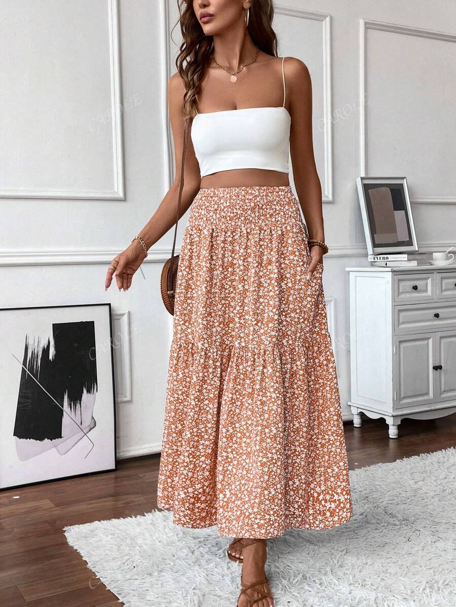 Falda larga informal con estampado floral diminuto para mujer, cintura elástica, bolsillos y bajo con volantes, corte A para verano