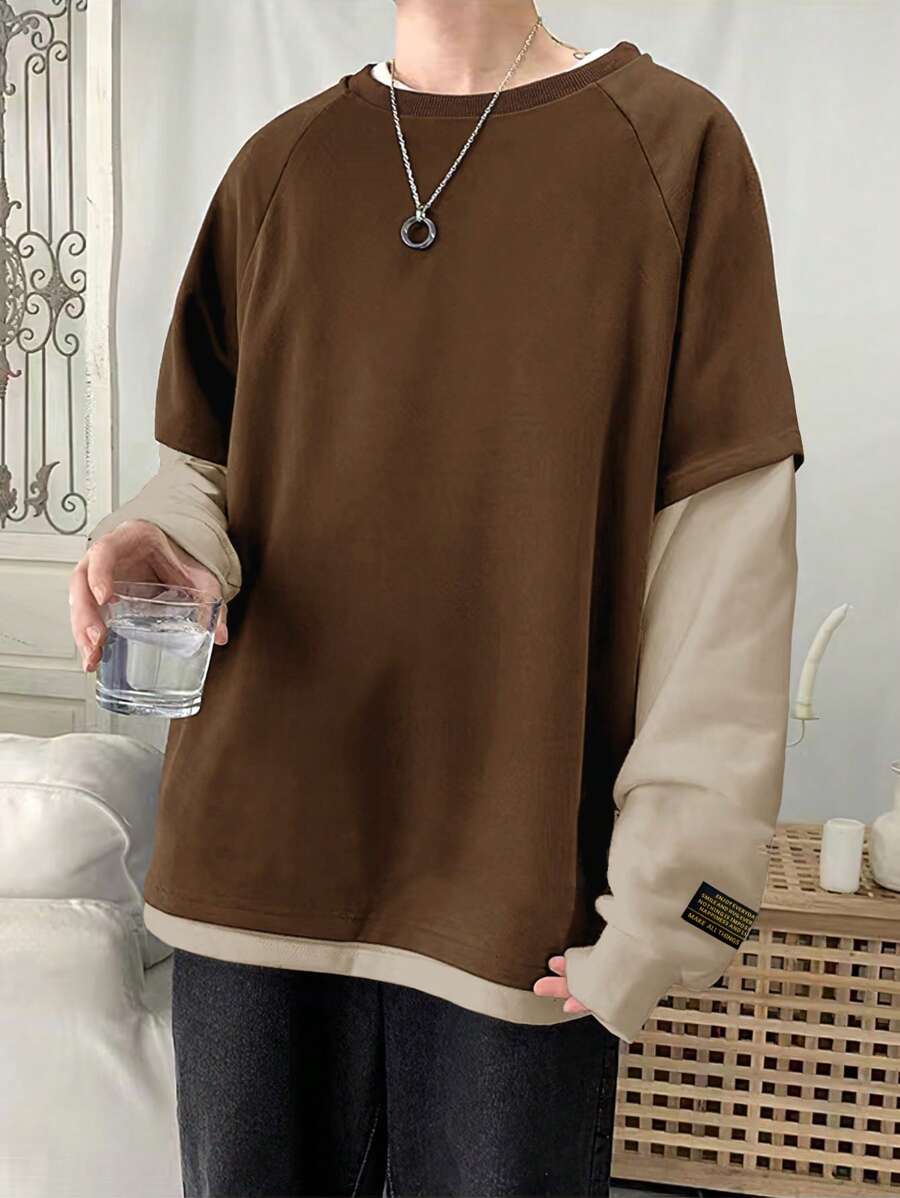 Sudadera informal 2 en 1 de manga raglán larga con parches de letras y bloques de color para hombre de Manfinity Hypemode, para salir